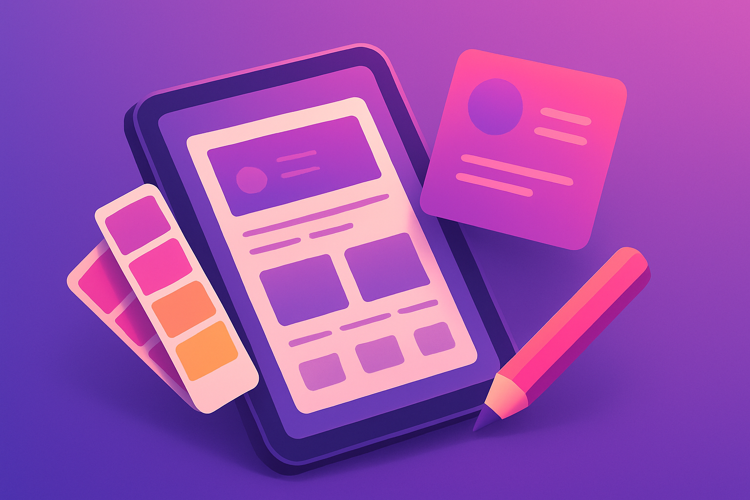 Illustration de UI/UX Design et Print avec palette de couleurs, croquis de tablette et supports imprimés